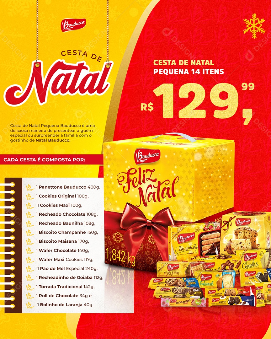Supermercado Cesta de Natal Panettone Cookies Biscoito Wafer Pão de Mel Torrada Social Media PSD Editável