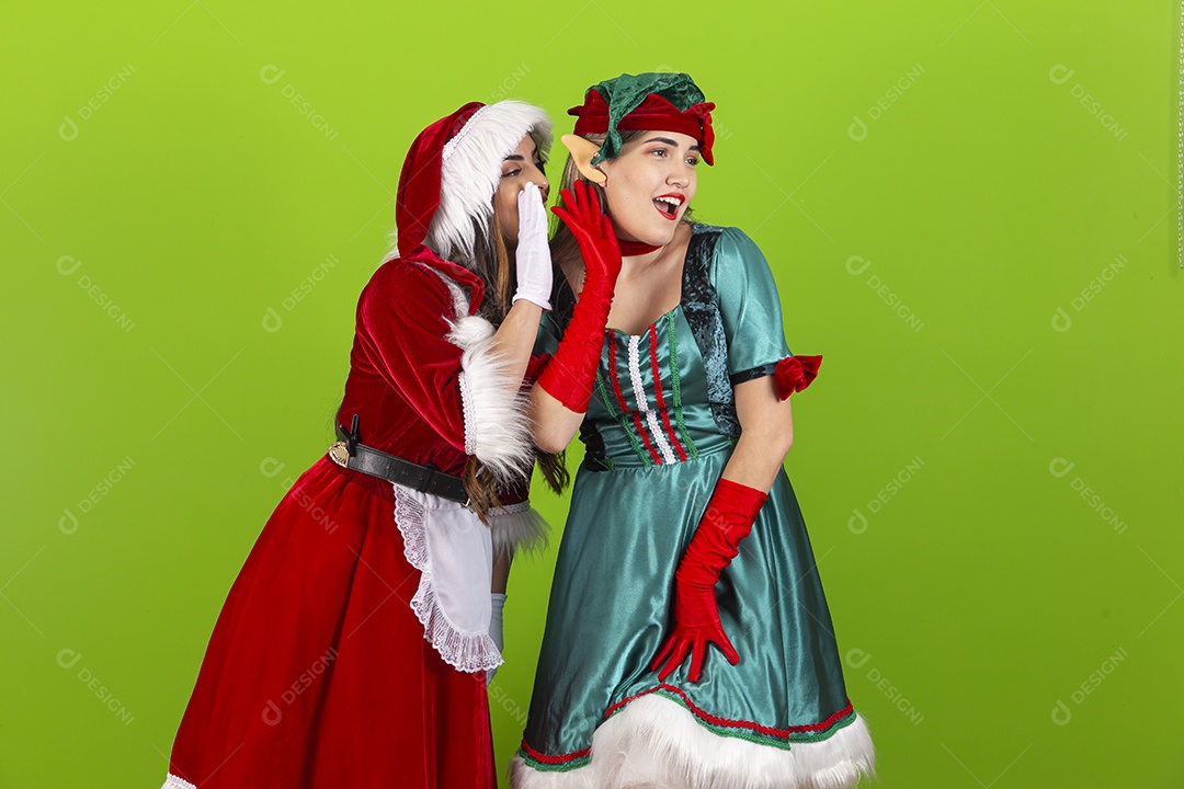 Jovens com fantasia de duende e Mamãe Noel