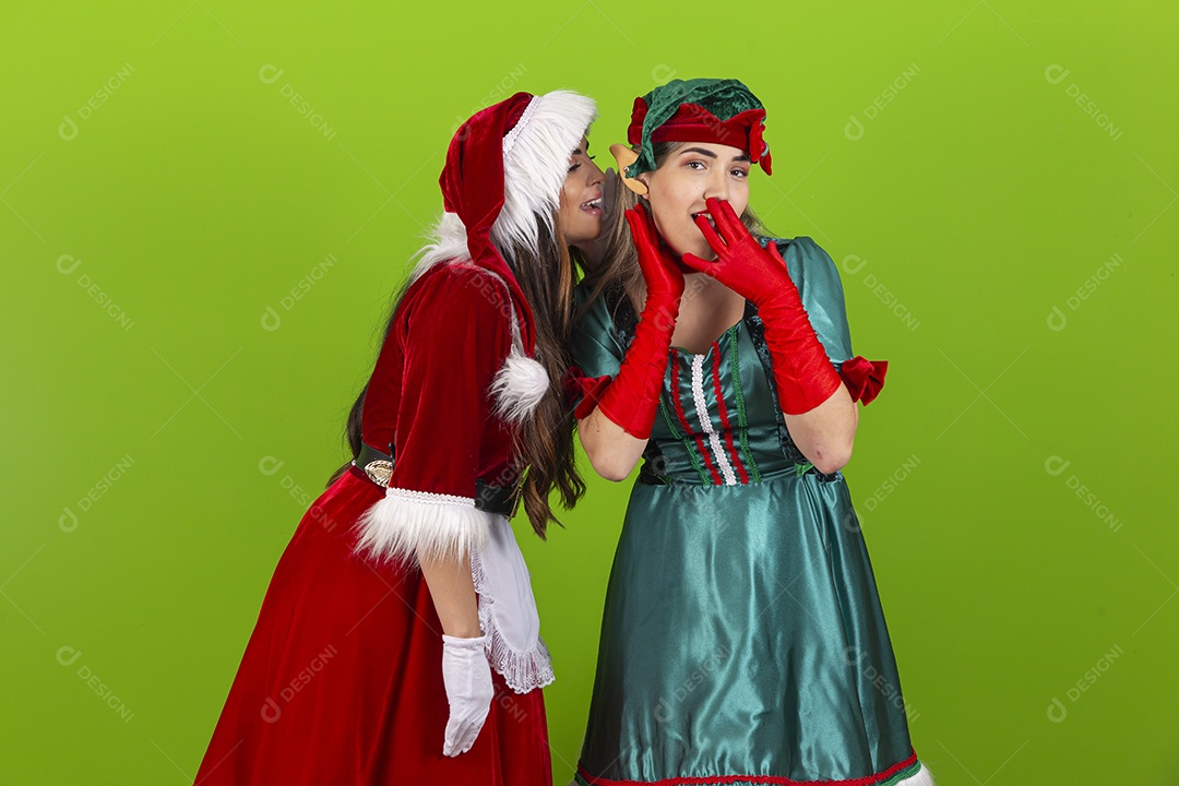 Jovens com fantasia de duende e Mamãe Noel