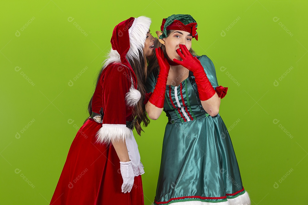 Jovens com fantasia de duende e Mamãe Noel