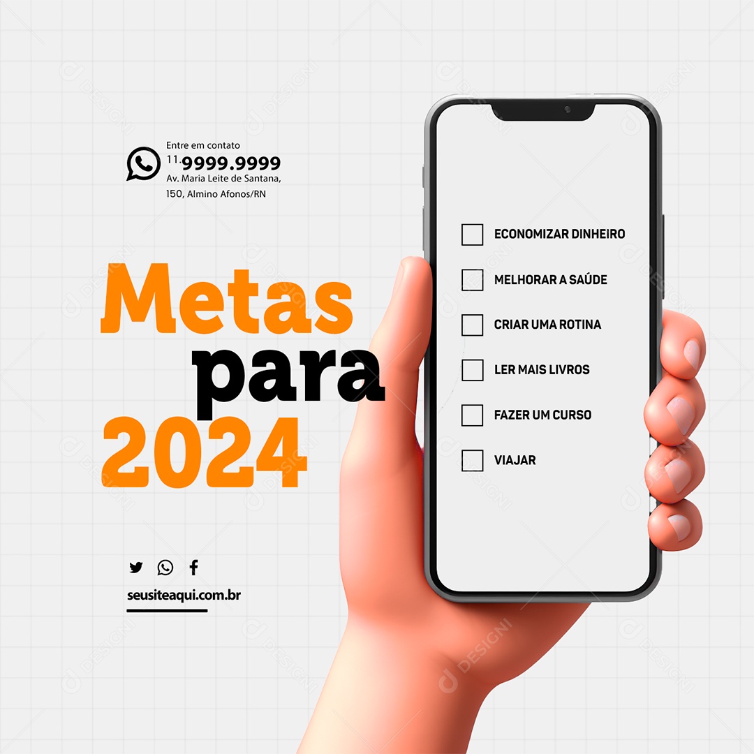 Social Media Metas para 2024 Criar Uma Rotina Ler Mais Livros PSD Editável