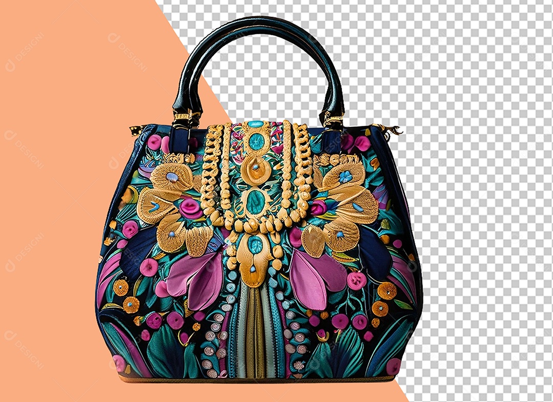 Elemento 3D Bolsa Decorada com Enfeites para Composição PSD