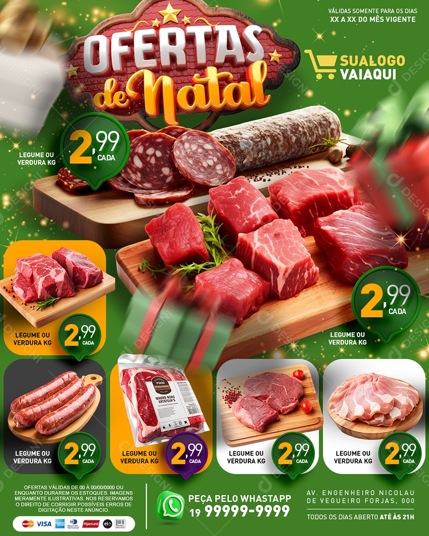 Tabloide Ofertas de Natal Açougue Carnes Linguiça Picanha Social Media PSD Editável