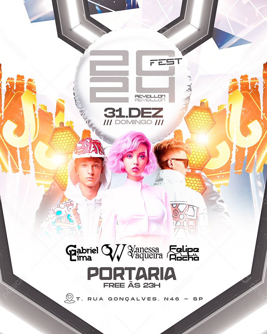 Flyer Fest Réveillon 2024 Gabriel Lima Vanessa Vaqueira Felipe Rocha Social Media PSD Editável