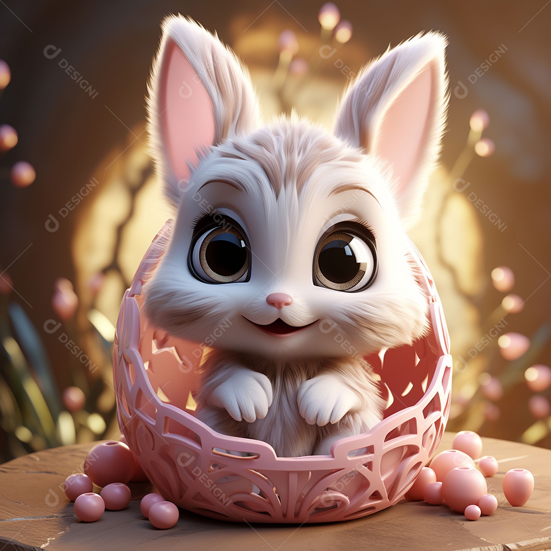 Coelho com olhos grandes em ovo de Páscoa