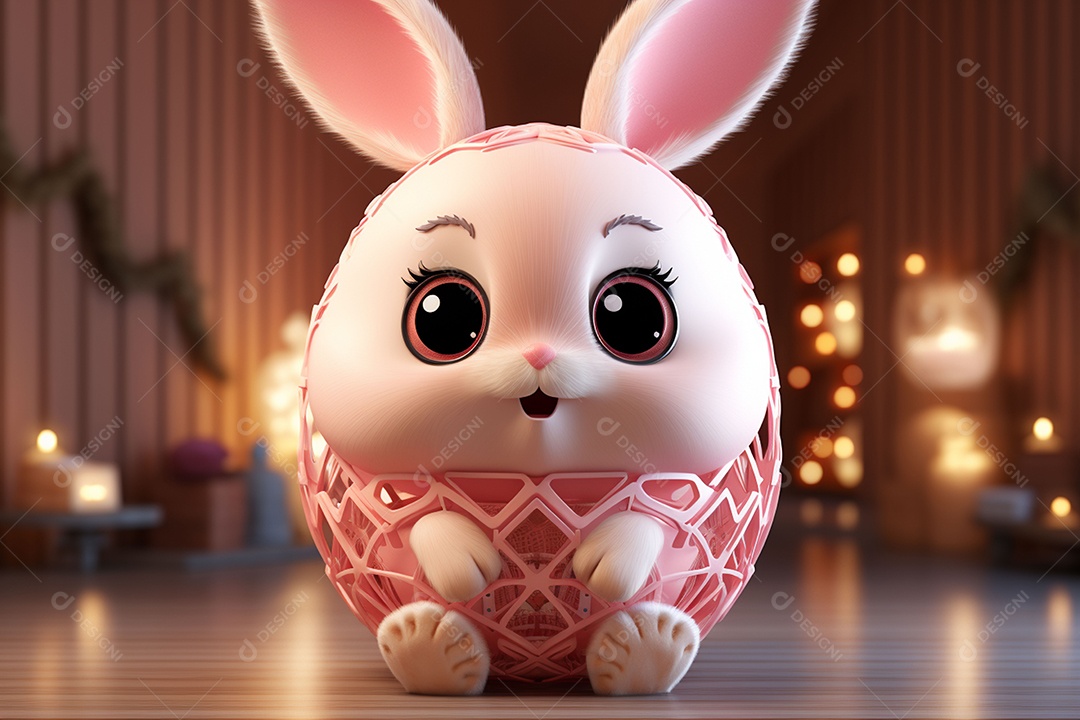 Coelho com olhos grandes em ovo de Páscoa