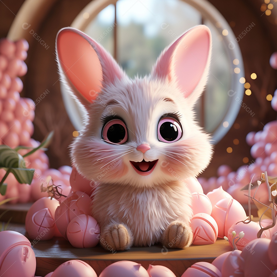 Coelho com olhos grandes em ovo de Páscoa