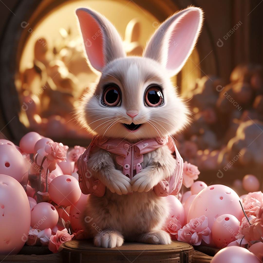 Coelho com olhos grandes em ovo de Páscoa