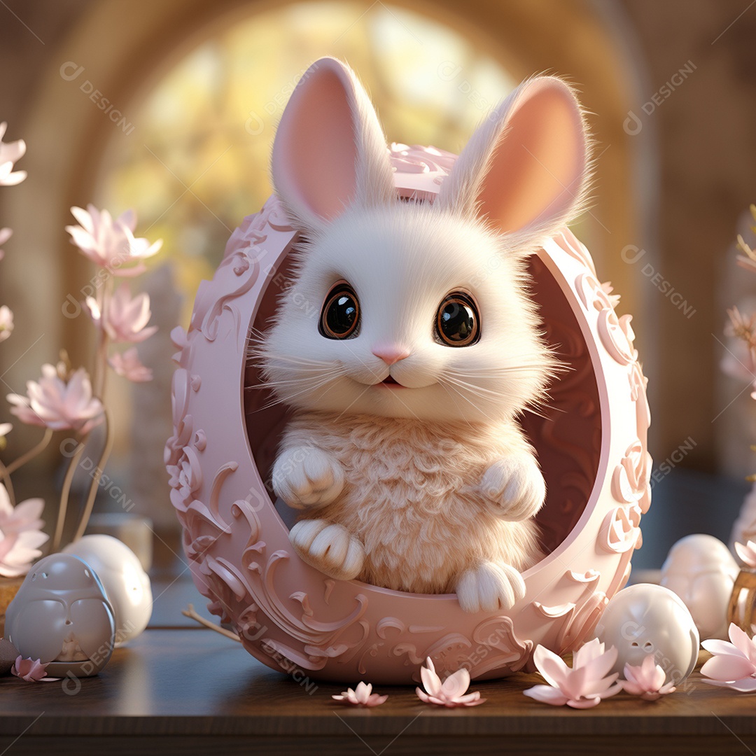 Coelho com olhos grandes em ovo de Páscoa