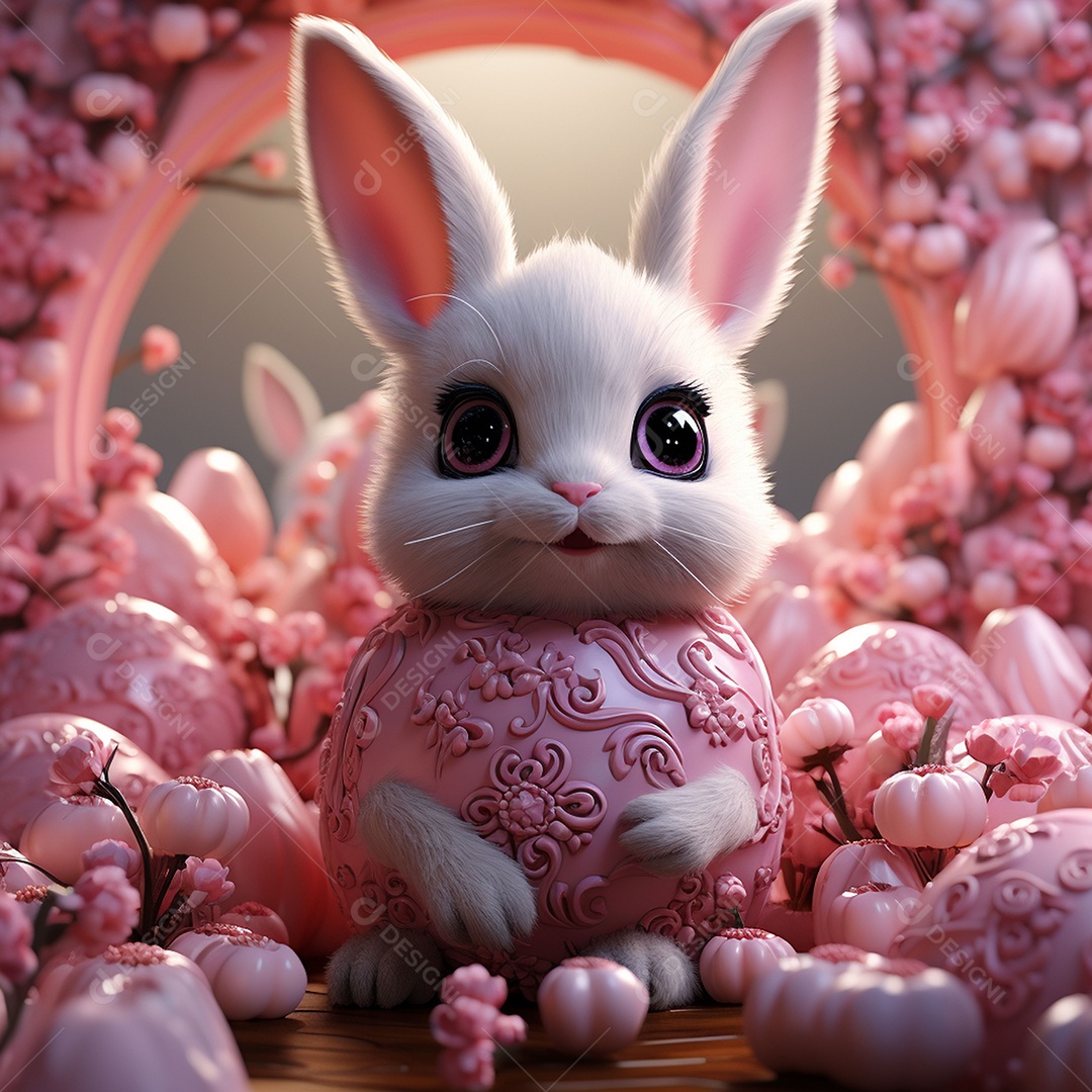 Coelho com olhos grandes em ovo de Páscoa