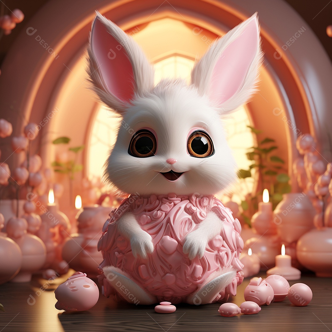 Coelho com olhos grandes em ovo de Páscoa