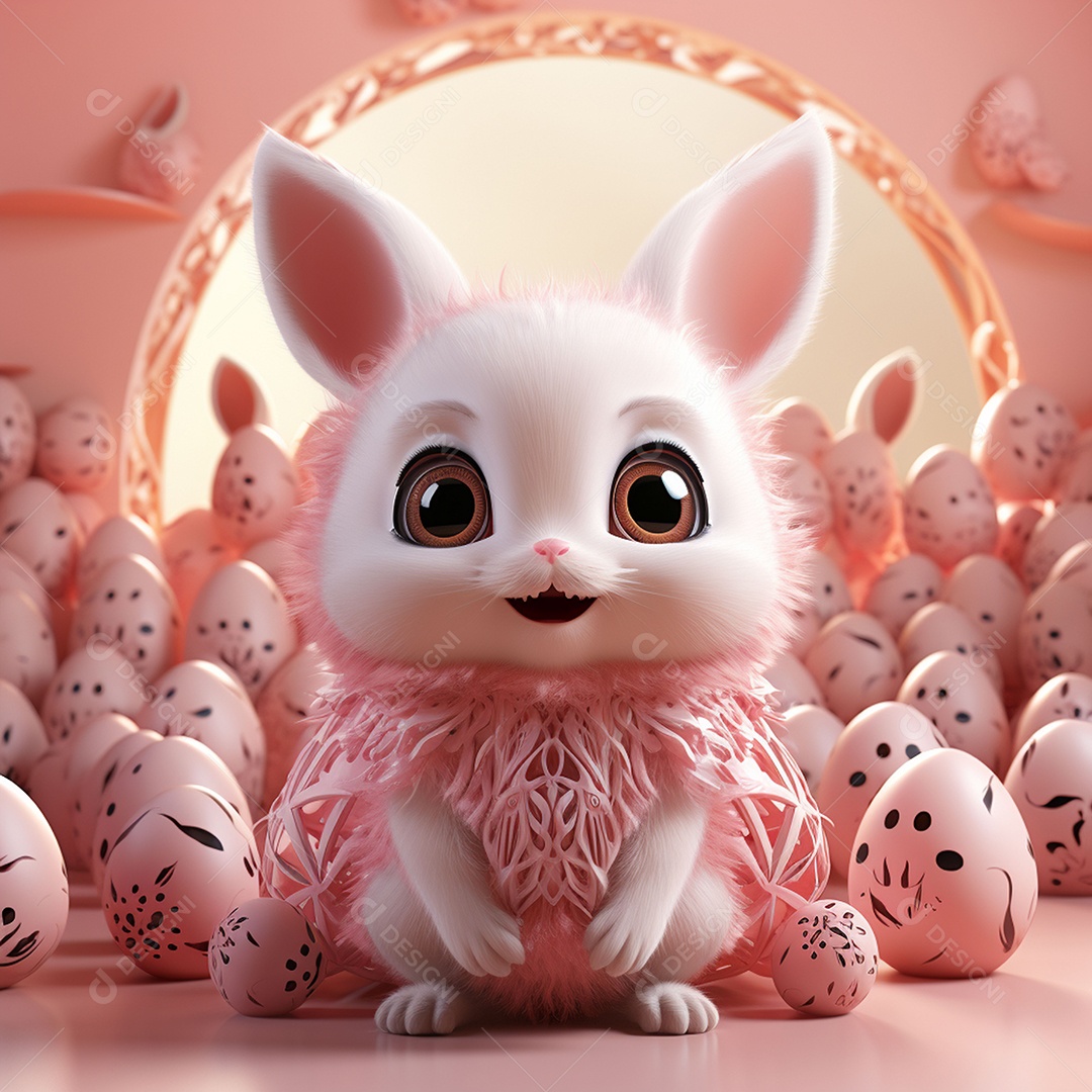 Coelho com olhos grandes em ovo de Páscoa
