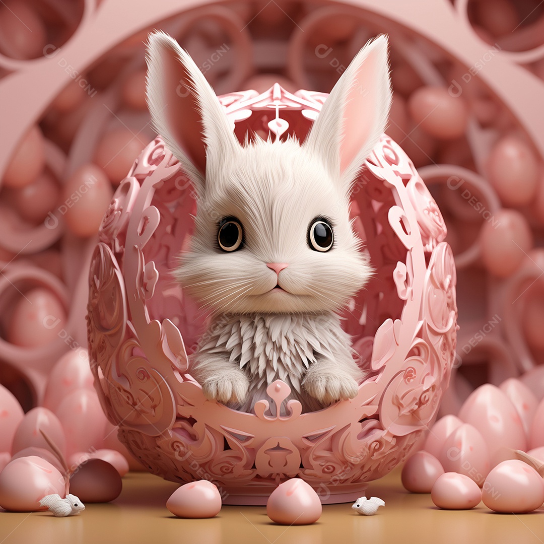 Coelho com olhos grandes em ovo de Páscoa