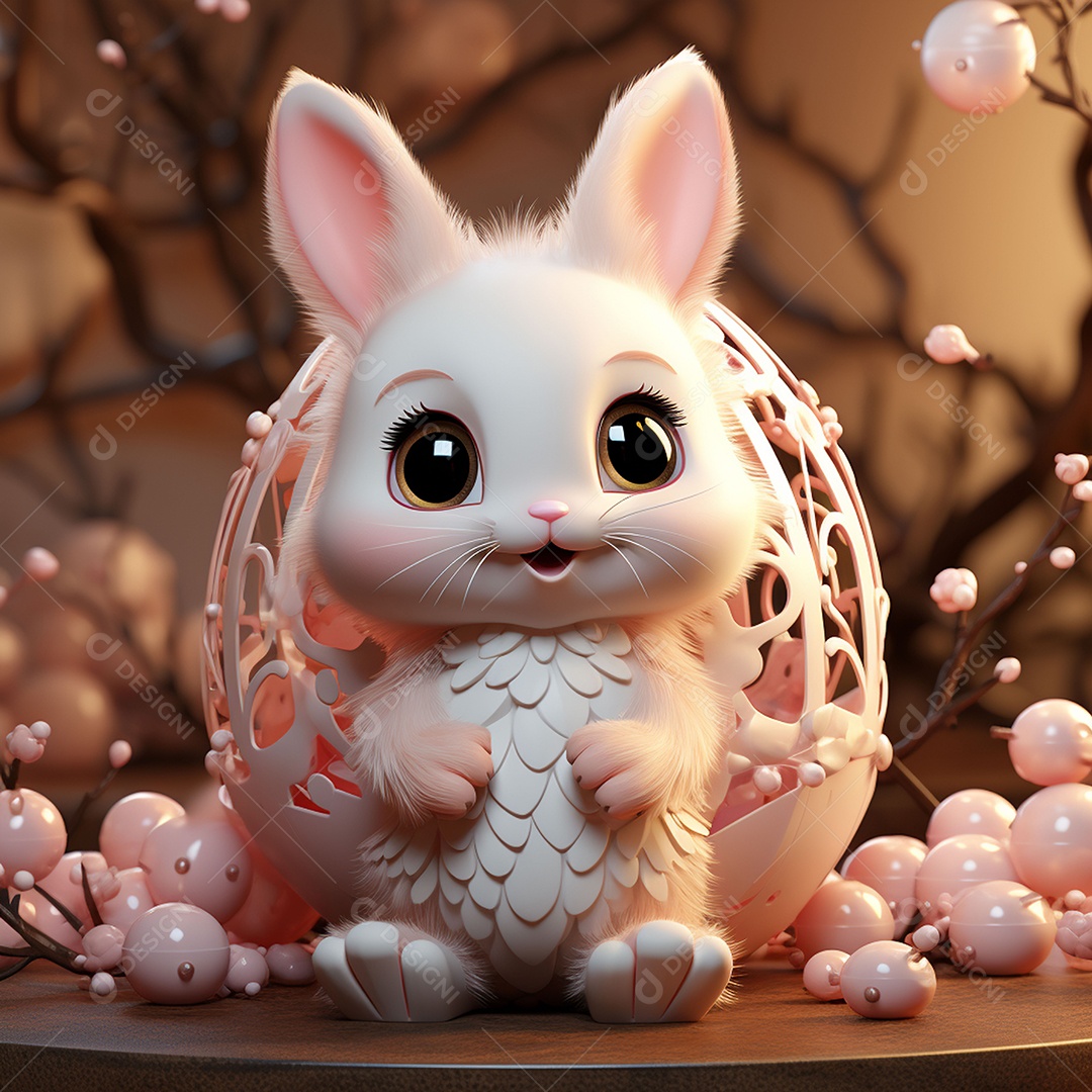 Coelho com olhos grandes em ovo de Páscoa