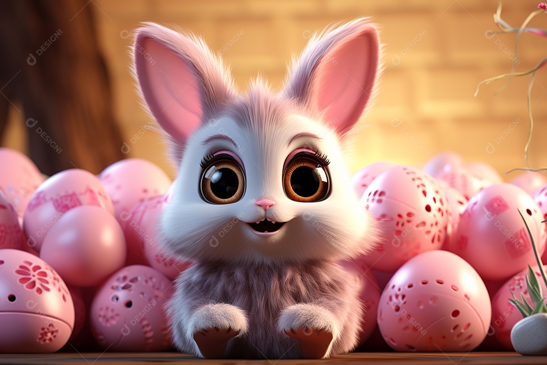 Coelho com olhos grandes em ovo de Páscoa