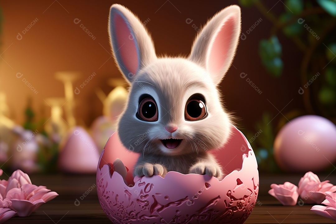 Coelho com olhos grandes em ovo de Páscoa