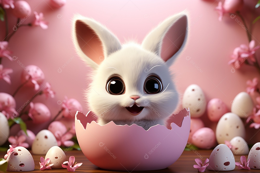Coelho com olhos grandes em ovo de Páscoa
