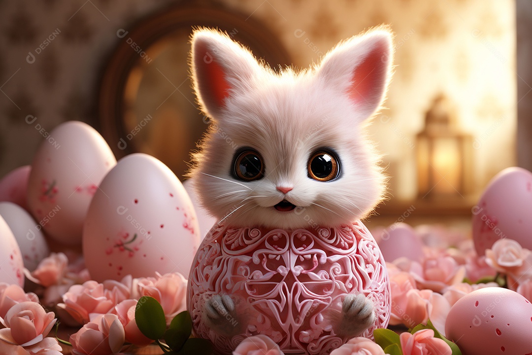 Coelho com olhos grandes em ovo de Páscoa