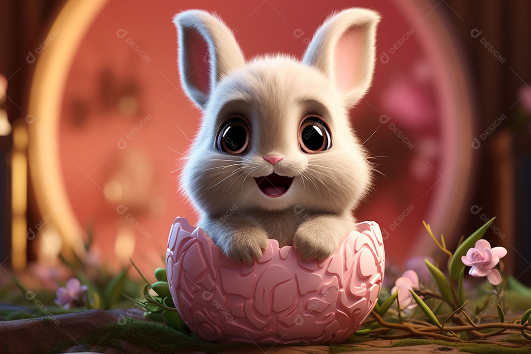 Coelho com olhos grandes em ovo de Páscoa