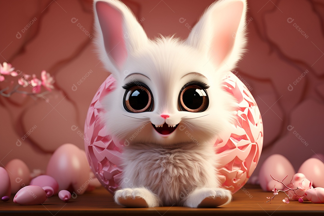 Coelho com olhos grandes em ovo de Páscoa