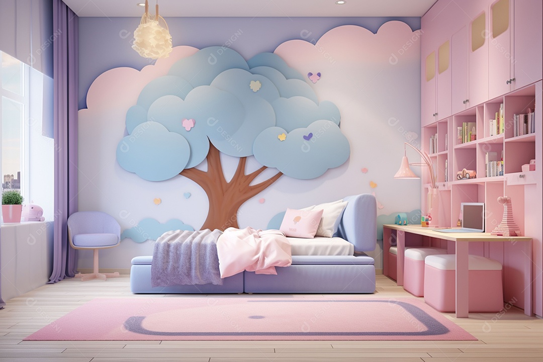 Renderização 3D de um quarto infantil em rosa