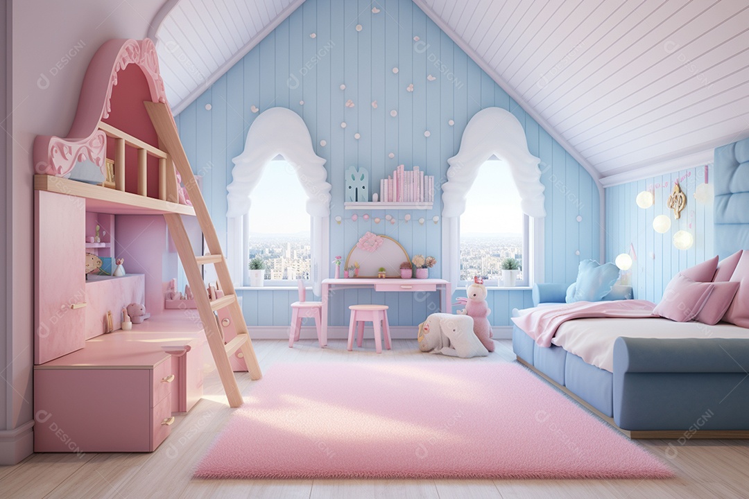 Renderização 3D de um quarto infantil em rosa