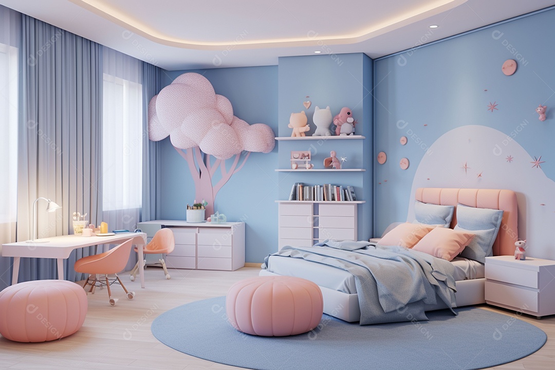 Renderização 3D de um quarto infantil em rosa
