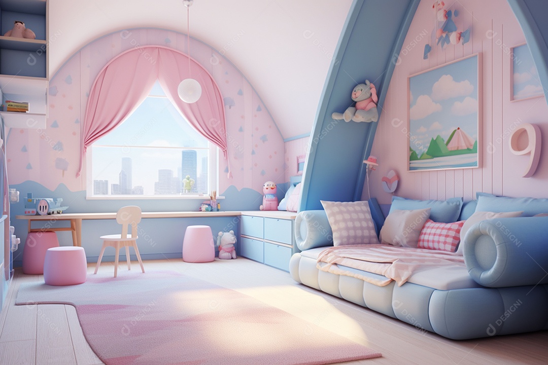 Renderização 3D de um quarto infantil em rosa