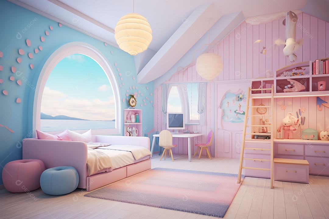 Renderização 3D de um quarto infantil em rosa
