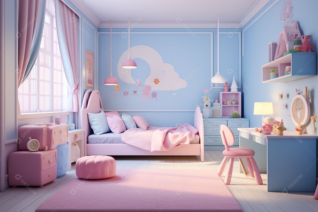 Renderização 3D de um quarto infantil em rosa