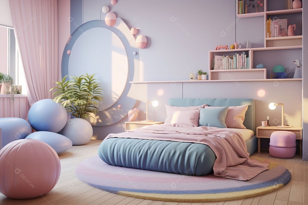 Renderização 3D de um quarto infantil em rosa