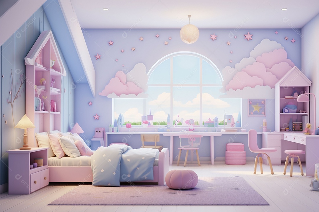 Renderização 3D de um quarto infantil em rosa