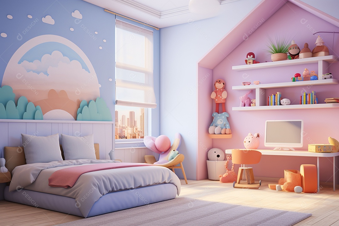 Renderização 3D de um quarto infantil em rosa