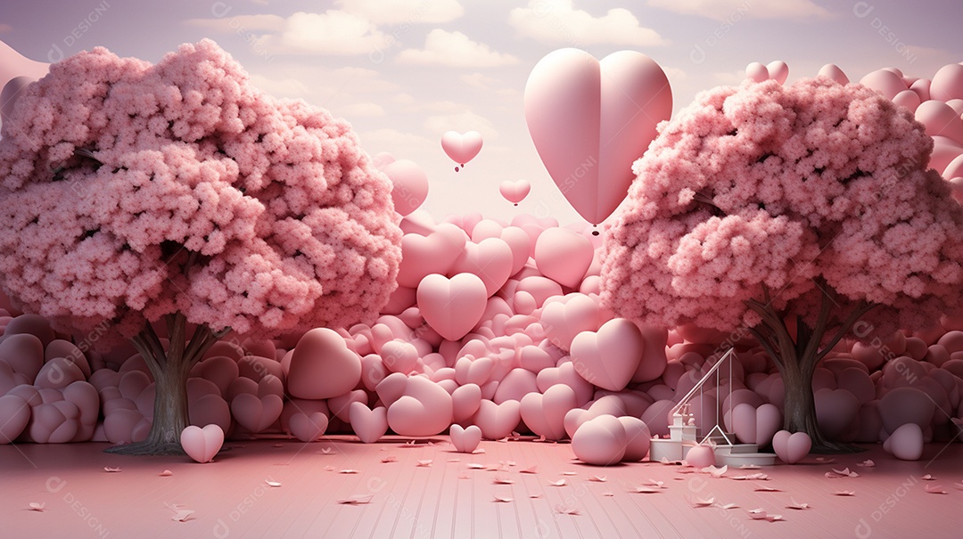 Renderização 3D de um fundo rosa com uma faixa de coração