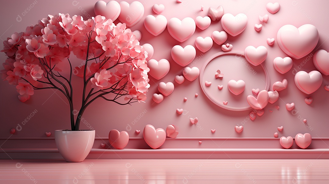 Renderização 3D de um fundo rosa com uma faixa de coração