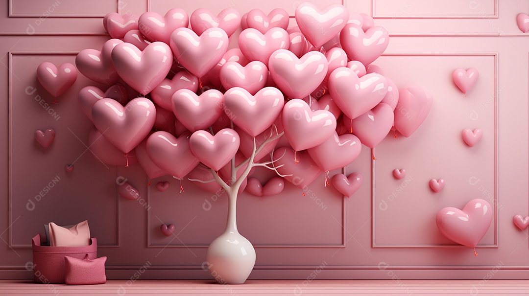 Renderização 3D de um fundo rosa com uma faixa de coração