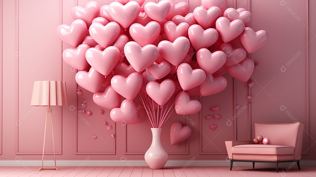 Renderização 3D de um fundo rosa com uma faixa de coração