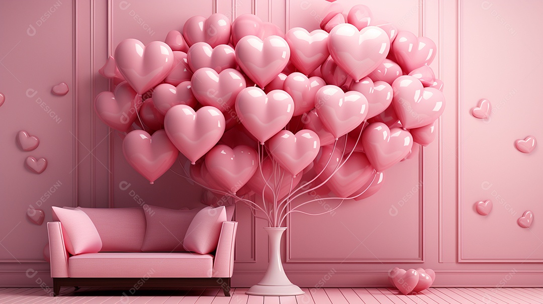 Renderização 3D de um fundo rosa com uma faixa de coração