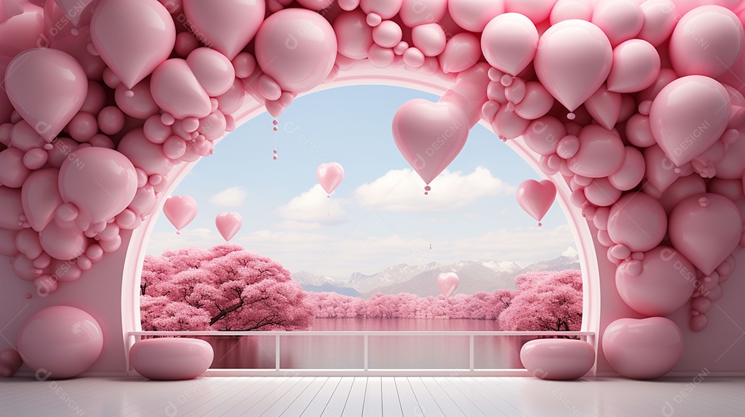 Renderização 3D de um fundo rosa com uma faixa de coração