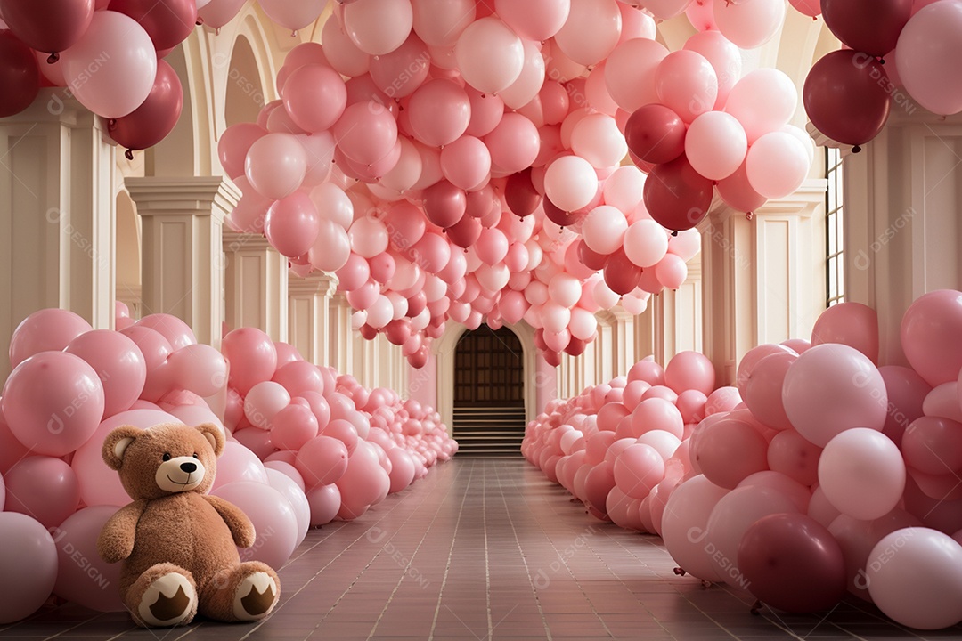 Decorações de balões em tons rosa claro com ursos