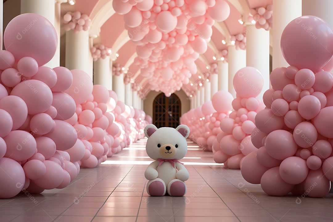 Decorações de balões em tons rosa claro com ursos