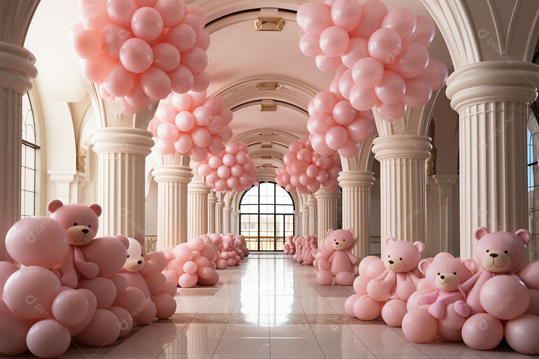 Decorações de balões em tons rosa claro com ursos