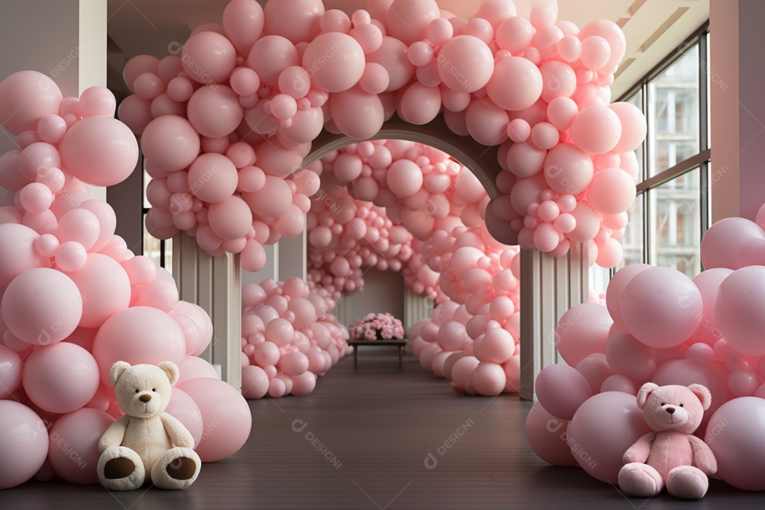 Decorações de balões em tons rosa claro com ursos