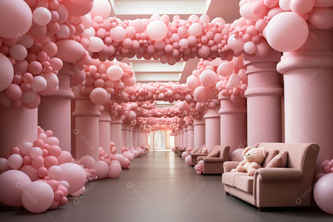 Decorações de balões em tons rosa claro com ursos