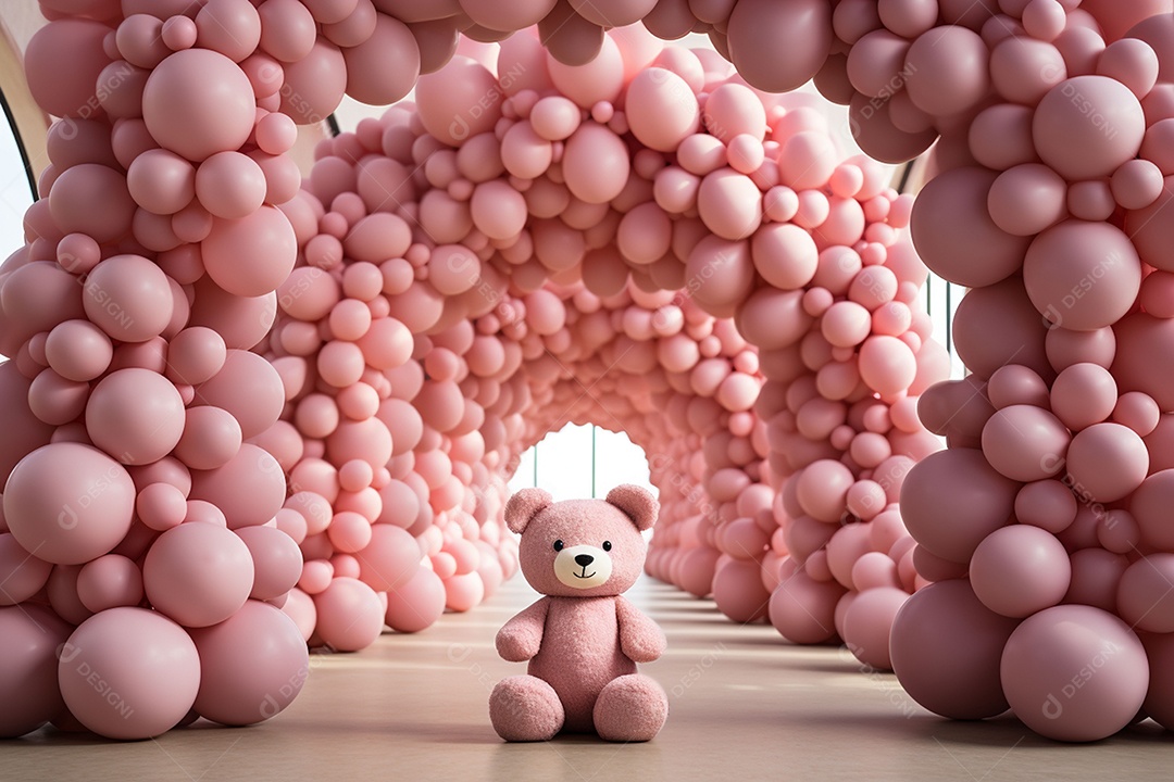 Decorações de balões em tons rosa claro com ursos