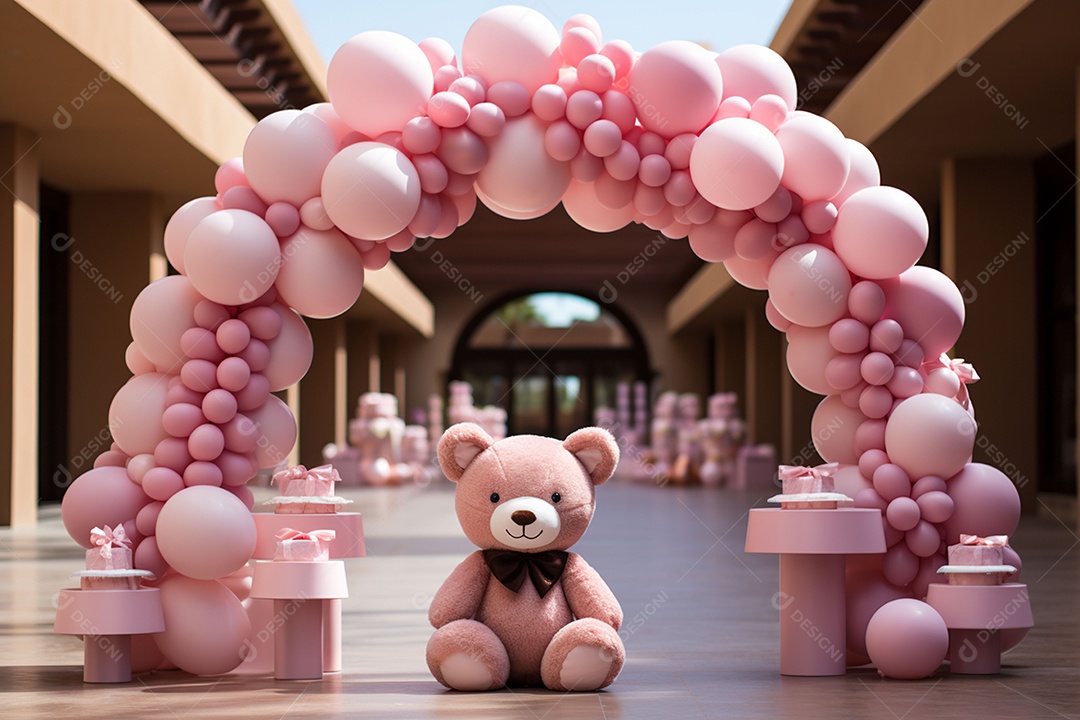 Decorações de balões em tons rosa claro com ursos