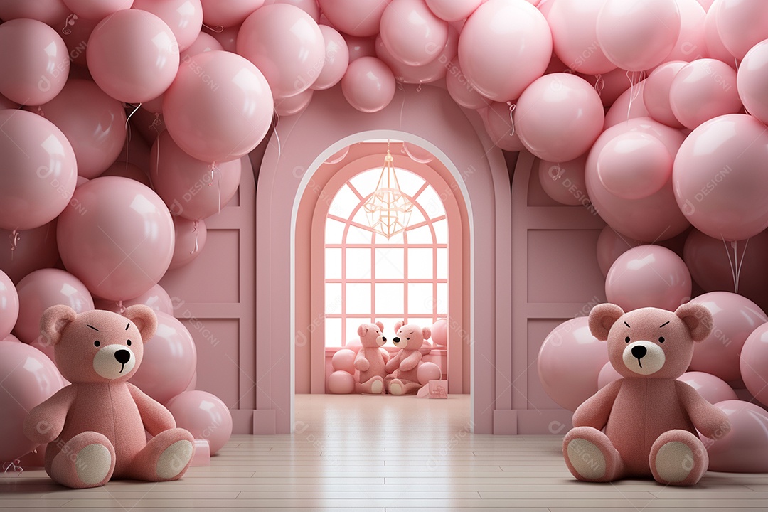 Decorações de balões em tons rosa claro com ursos