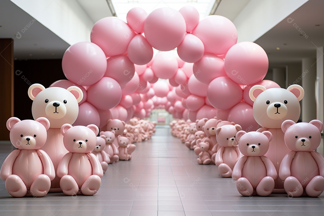 Decorações de balões em tons rosa claro com ursos