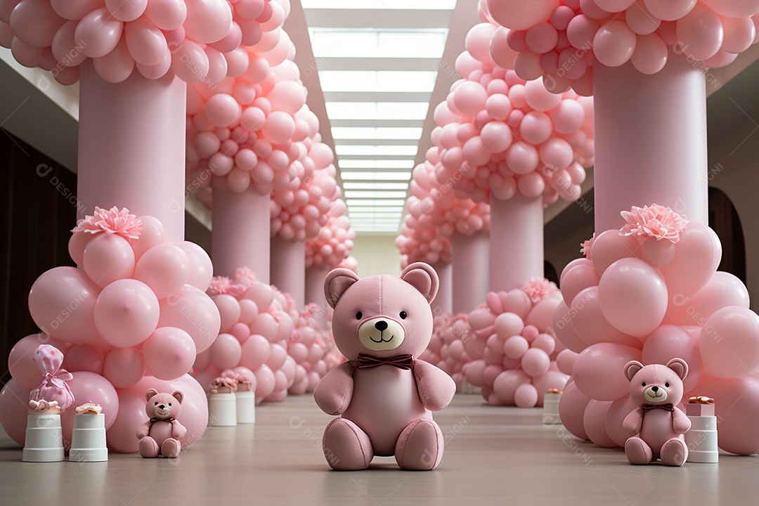 Decorações de balões em tons rosa claro com ursos