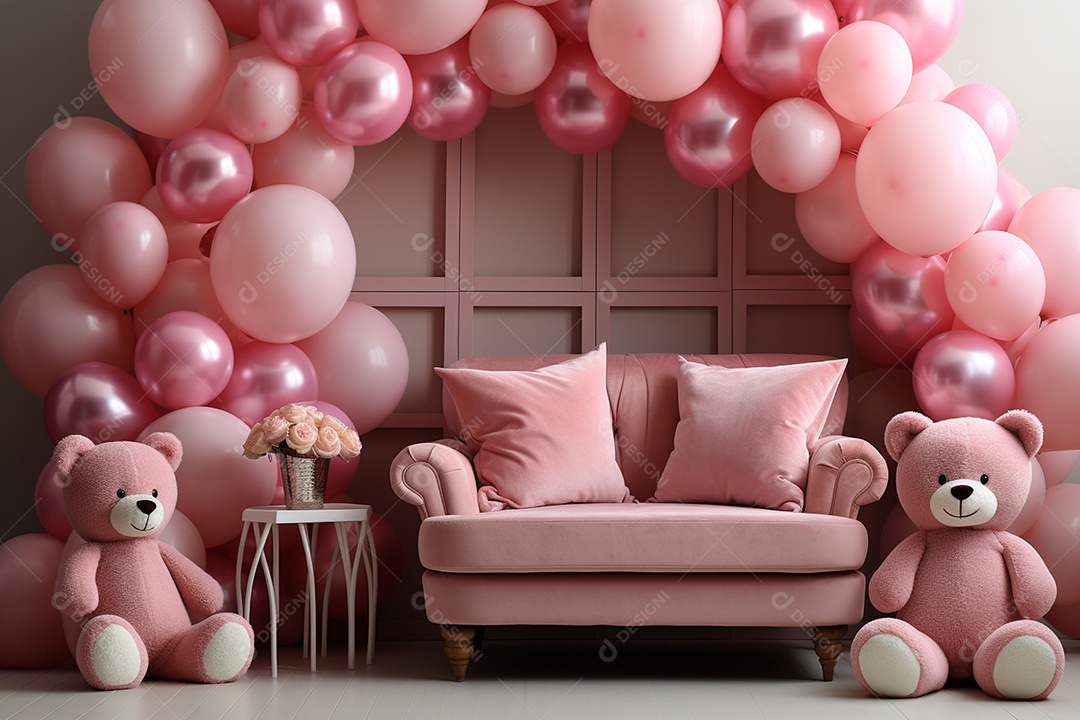 Decorações de balões em tons rosa claro com ursos